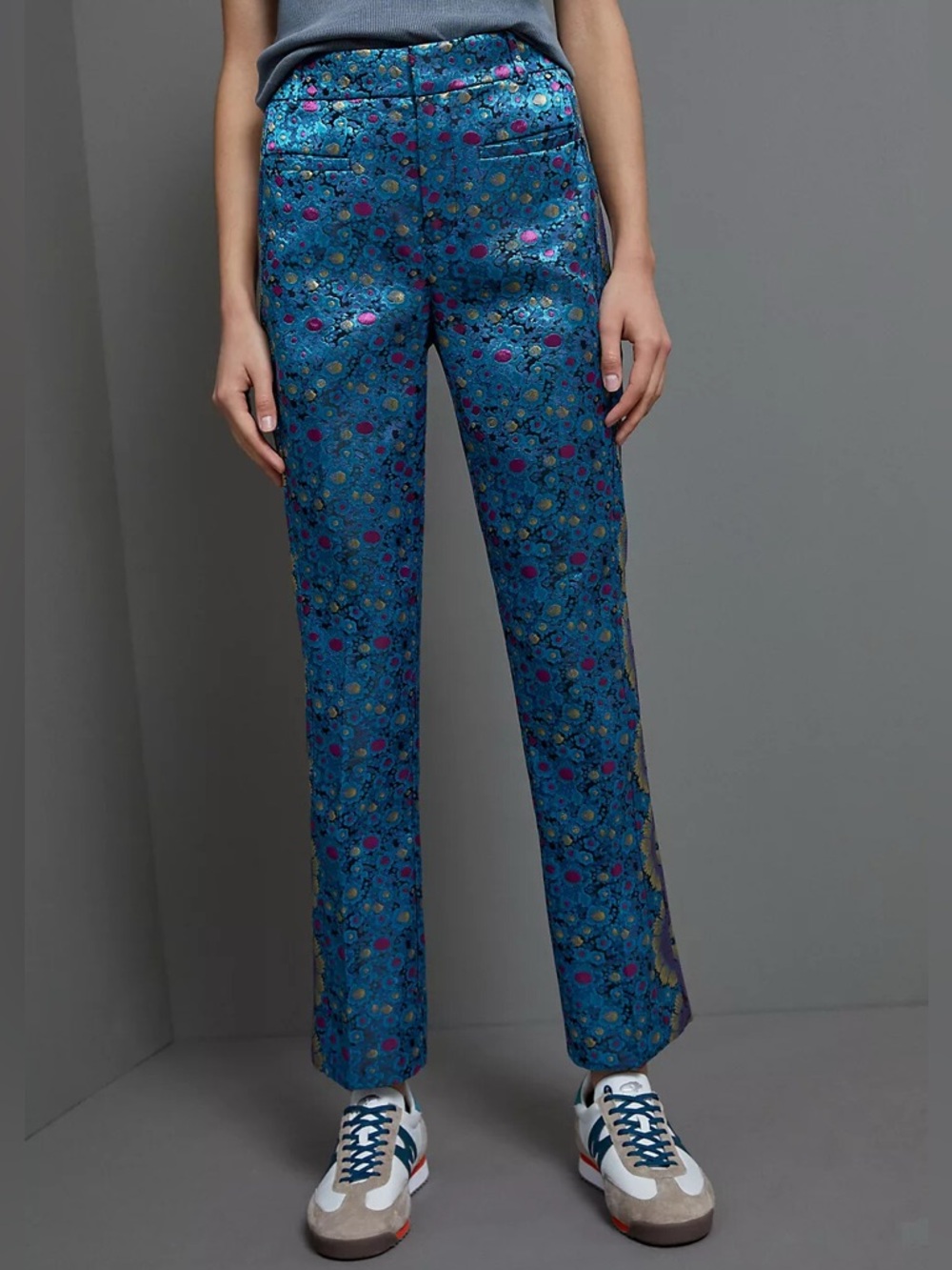 Anthropologie The Essential Slim Shiny Teal Blue Motif Trousers Size 4